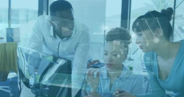 Animation of data processing over diverse scientists. Medicine health and technology concept digitally generated video.