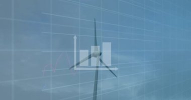 Animation of graphs and data over wind turbine. Green energy, econ power and eco awareness concept digitally generated video.