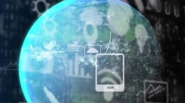 Animation of data processing and icons over globe on black background. Global technology, computing and digital interface concept digitally generated video.