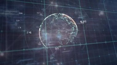 Animation of globe over network of connections with data processing. Global technology, computing and digital interface concept digitally generated video.