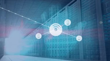Animation of wireless network, cellphone icons connecting against stop gesture, binary codes. Digital composite, multiple exposure, connect the dots, telecommunication, network security, cyber crime.