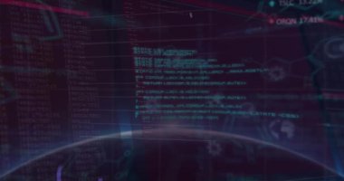 Animation of graphs and charts processing data over dark globe with light on horizon. Global communication, business, data and digital interface concept digitally generated video.