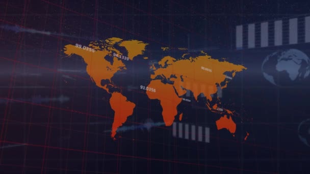 Animation Data Processing World Map Black Background Global Business Digital — Stock videók