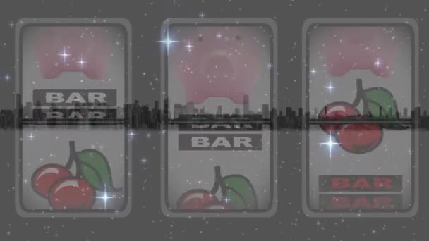 Анімація Сяючих Зірок Над Ігровим Автоматом Казино Тлі Міського Пейзажу — стокове відео