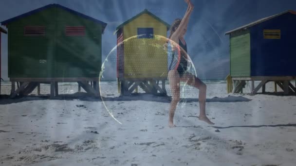 Animation Globe Numbers Rays Caucasian Girl Doing Handstand Beach Huts — Stock Video