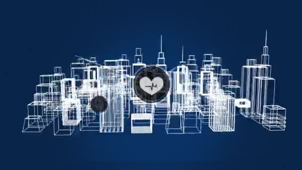 Animation Digital Moving Heart Light Icons Interconnecting Lines Rotating Buildings — Stockvideo
