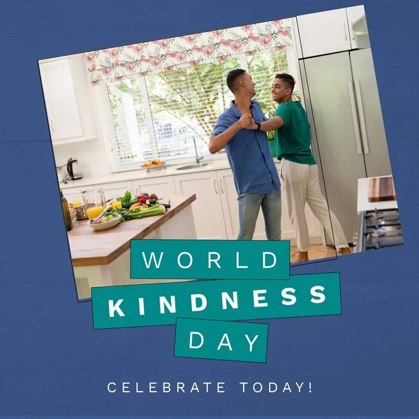Composition World Kindness Day Text Diverse Male Gay Couple Kitchen — 스톡 사진