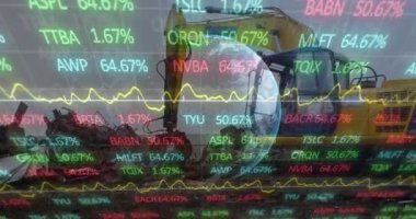 Animation of data processing over excavator. Global science, connections, data processing and digital interface concept digitally generated video.