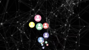 Animation of multiple profile icons floating over network of connections against black background. Global networking and business technology concept