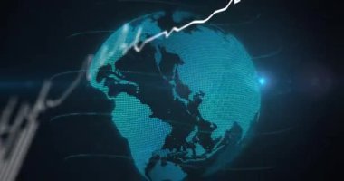 Animation of graphs and globe on black background. Global network, connections, communication, data processing, finance and technology concept digitally generated video.
