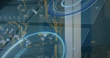 Animation of digital interface over server room. Global science, connections, data processing and digital interface concept digitally generated video.