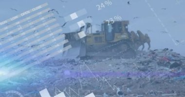 Animation of graph and data over bulldozer on waste dump. Waste, garbage, pollution and finance concept digitally generated video.