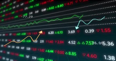 Animation of graphs and financial data over black background. Global finance, economy and technology concept digitally generated video.