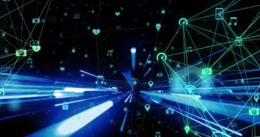 Animation of connections and blue lines on black background. Network, connections, communication and technology concept digitally generated video.