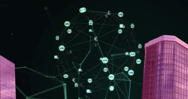 Animation of digital network of connections with icons over pink 2d cityscape model. global networks, connections and digital interface concept digitally generated video.