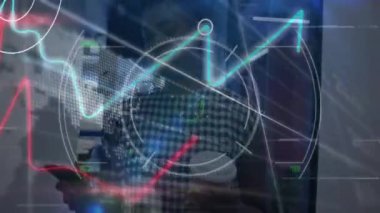 Animation of graphical infographic interface moving over african american businesswoman with coffee. Digital composite, multiple exposure, hologram, short hair, drink, business and office concept.