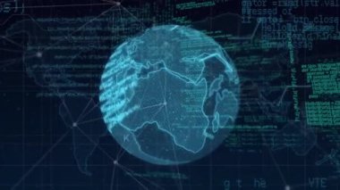 Animation of globe over network of connections with data processing. Global technology, computing and digital interface concept digitally generated video.