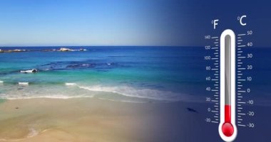 Animation of digital thermometer over sea landscape. Global technology, computing and digital interface concept digitally generated video.