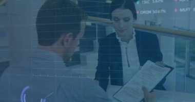 Animation of financial data processing and stock market over diverse business people. global business, finances and digital interface concept digitally generated video.