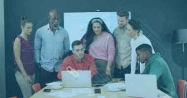 Animation of digital screen with data over diverse coworkers in office. Business, network, communication, finance and data concept digitally generated video.