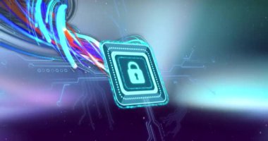 Animation of icon with digital padlock and circuit board over network of fibre optic strands. Data processing, connections and digital interface concept digitally generated video.