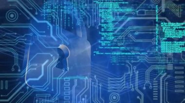 Animation of programming code moving against graphical padlock and electronic circuit board. Hologram, digitally generated, multiple exposure, connection, futuristic, data and network security.