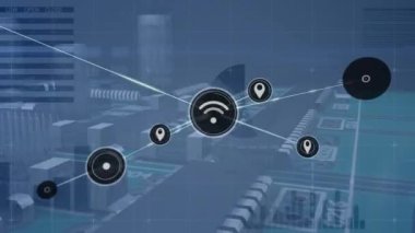 Animation of wireless network, map pin icons connecting against manufacturing industry. Digital composite, multiple exposure, connect the dots, telecommunication, marketing, data, development.
