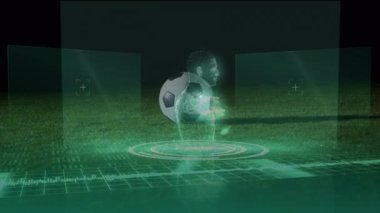 Animation of human body model spinning over mid section of male soccer player making a tackle. Medical research and sports technology concept
