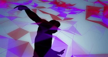 Animation of shapes over man silhouette on grey background. Sport and competition concept digitally generated video.