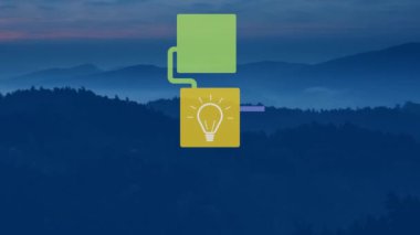 Animation of network of connections with icons over landscape. Global technology, computing and digital interface concept digitally generated video.