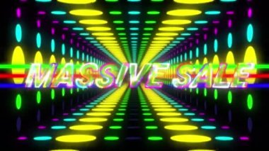 Animation of massive sale text over digital tunnel. Global business and digital interface concept digitally generated video.