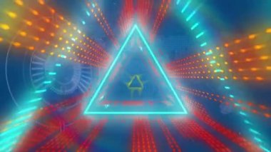 Digital animation of colorful illuminated triangular shapes moving in loop. Hologram, digitally generated, multiple exposure, geometric shape and abstract concept.