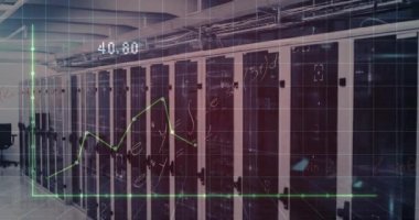 Animation of graphs and numbers over servers. Network, finance, connections and technology concept digitally generated video.