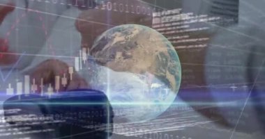 Animation of globe and financial data processing over caucasian man paying with smartphone. Global business, connections, networks and data processing concept digitally generated video.