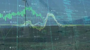 Animation of financial data processing over wind turbine. Global ecology, computing and digital interface concept digitally generated video.