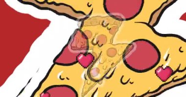 Multiple red heart floating against multiple pizza slice icons in seamless pattern. national pizza day awareness concept