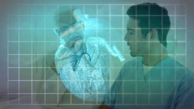 Çeşitli doktorlar üzerinde dijital kalbin animasyonu. Küresel tıp, sağlık ve dijital arayüz kavramı dijital olarak üretilen video.