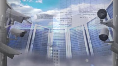 Animations of cameras and data processing over server room. Global science, connections, data processing and digital interface concept digitally generated video.