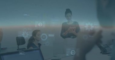 Animation of data processing over businesswoman giving a presentation at business conference. Computer interface and business technology concept