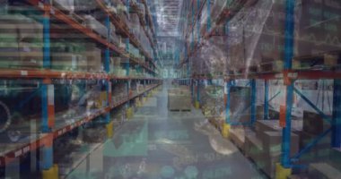 Animation of data processing over warehouse. Global science, connections, data processing and digital interface concept digitally generated video.