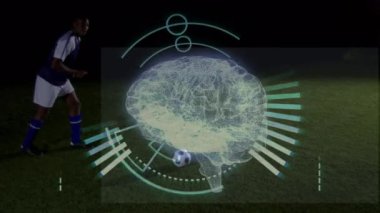 Afrika kökenli Amerikalı erkek futbolcunun topa vuruşunu gösteren animasyon. Tıbbi araştırma ve spor teknolojisi kavramı