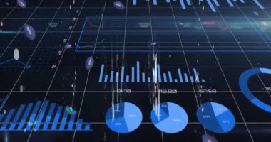 Animation of digital interface and data processing over dark background. Global business, finances, data processing and digital interface concept digitally generated video.
