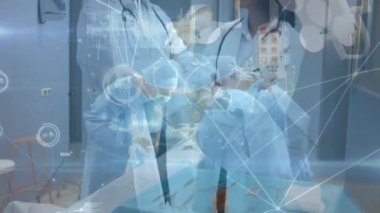 Animation of connections over diverse doctors looking at camera. Health, medicine and technology concept digitally generated video.