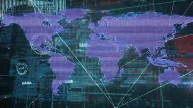 Animation of world map over network of connections and data processing. Global technology, computing and digital interface concept digitally generated video.