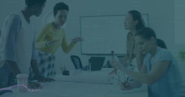 Animation of graphs over diverse businesspeople in office. Business, finance and economy concept digitally generated video.