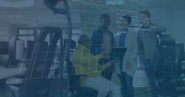 Animation of graphs over diverse businesspeople in office. Business, finance and economy concept digitally generated video.
