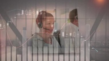 Animation of diverse group of employees at work, bar graph in foreground. Digital composite, multiple exposure, modern business, office, teamwork, data, technology, development, discussion, meeting.