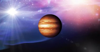 Animation of brown planet in pink and blue space with stars. Planets, cosmos and universe concept digitally generated video.