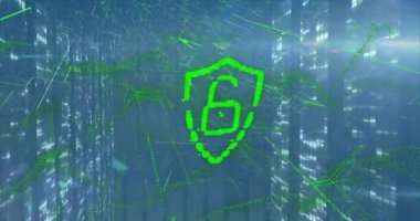 Digital animation of graphical padlock with shield and lines moving against abstract background. Hologram, digitally generated, multiple exposure, technology, data and network security.