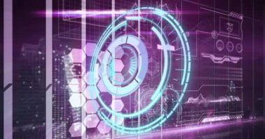 Animation of processing circle over digital screen with diverse data. Digital interface, data processing and technology concept digitally generated video.